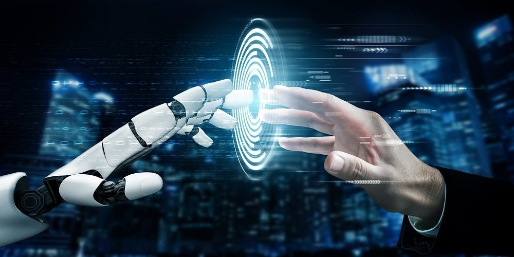 3D Rendering futuristic robot technology development, artificial intelligence AI, and machine learning concept. Global robotic bionic science research for future of human life.
