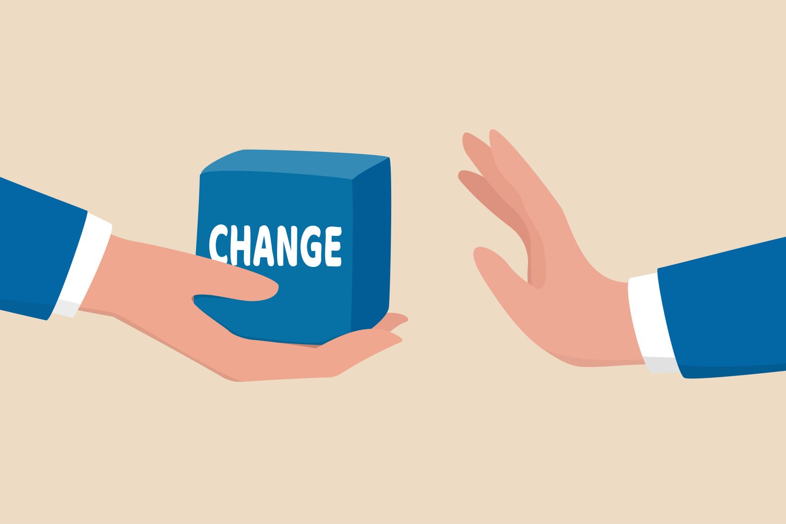 Status quo bias, fear or refuse to change, comfort zone or conservative thinking, afraid of changing risk or resist to make decision concept, businessman hand denied or refuse to get change cube box.